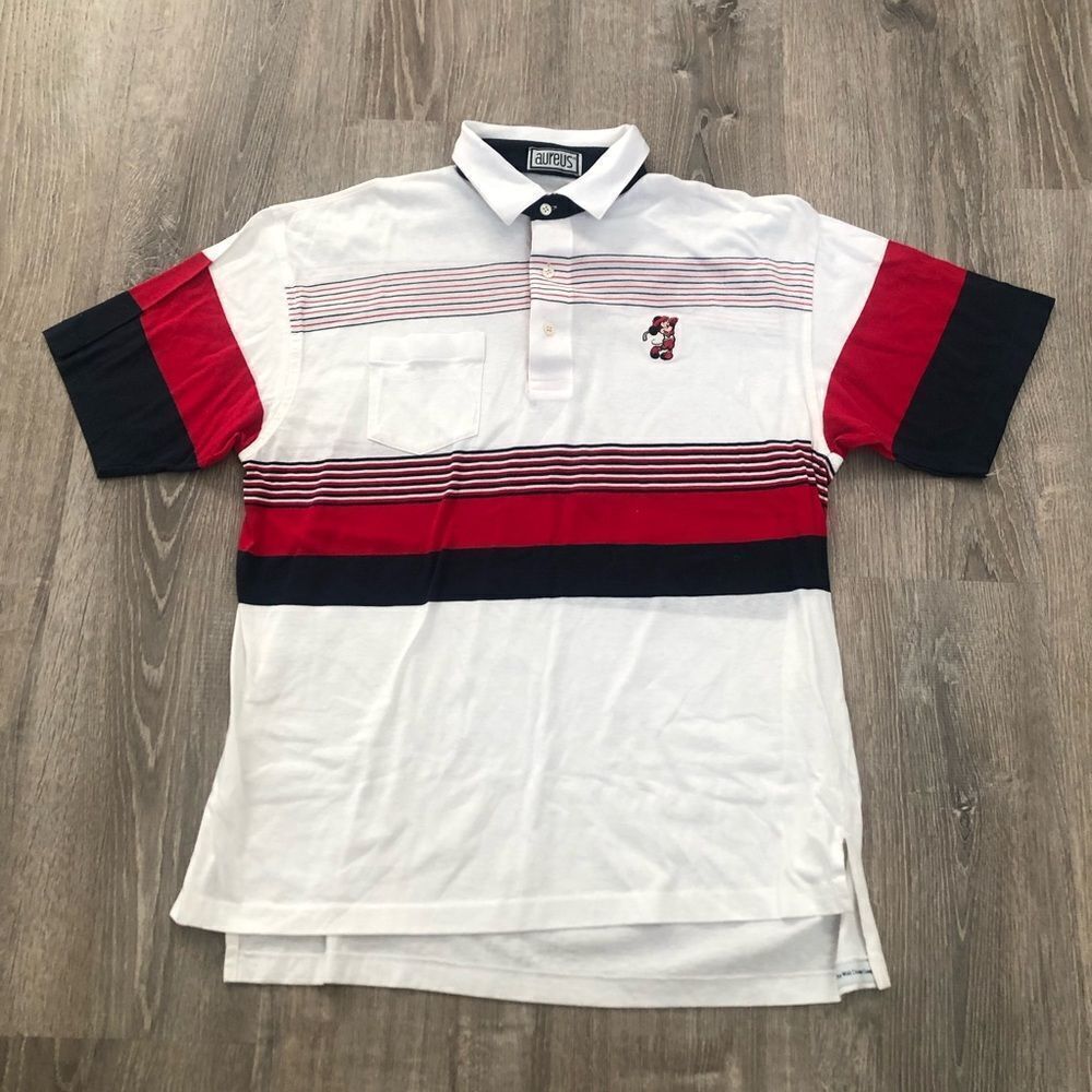 Vtg 80s Aureus Mickey Mouse Golf Short Sleeve Polo Shirt Medium Red White Blue‎
